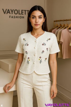 vayolette womens white floral embroidered short sleeve top, wholesale embroidered top free size, boutique summer wear top, womens elegant casual wear wholesale, short sleeve textured fabric top with floral embroidery, wholesale fashion tops for retailers, ladies embroidered top 5 colour bunch,