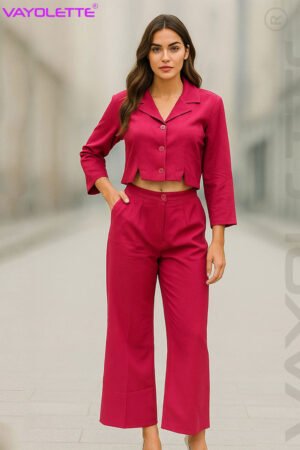 Solid Maroon Co-Ord Set – Stylish Cropped Blazer Top with Wide-Leg Pants