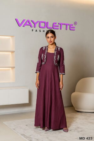 MD 423 2 piece long dress set, MD 423 women’s dress with jacket, wholesale ladies long dress free size, designer 2pc dress set 10 colours, stylish long dress with embroidered jacket, wholesale women clothing supplier, party wear long dress wholesale, Vayolette fashion MD 423 dress, trendy women’s 2 piece dress set, wholesale boutique dresses for resellers