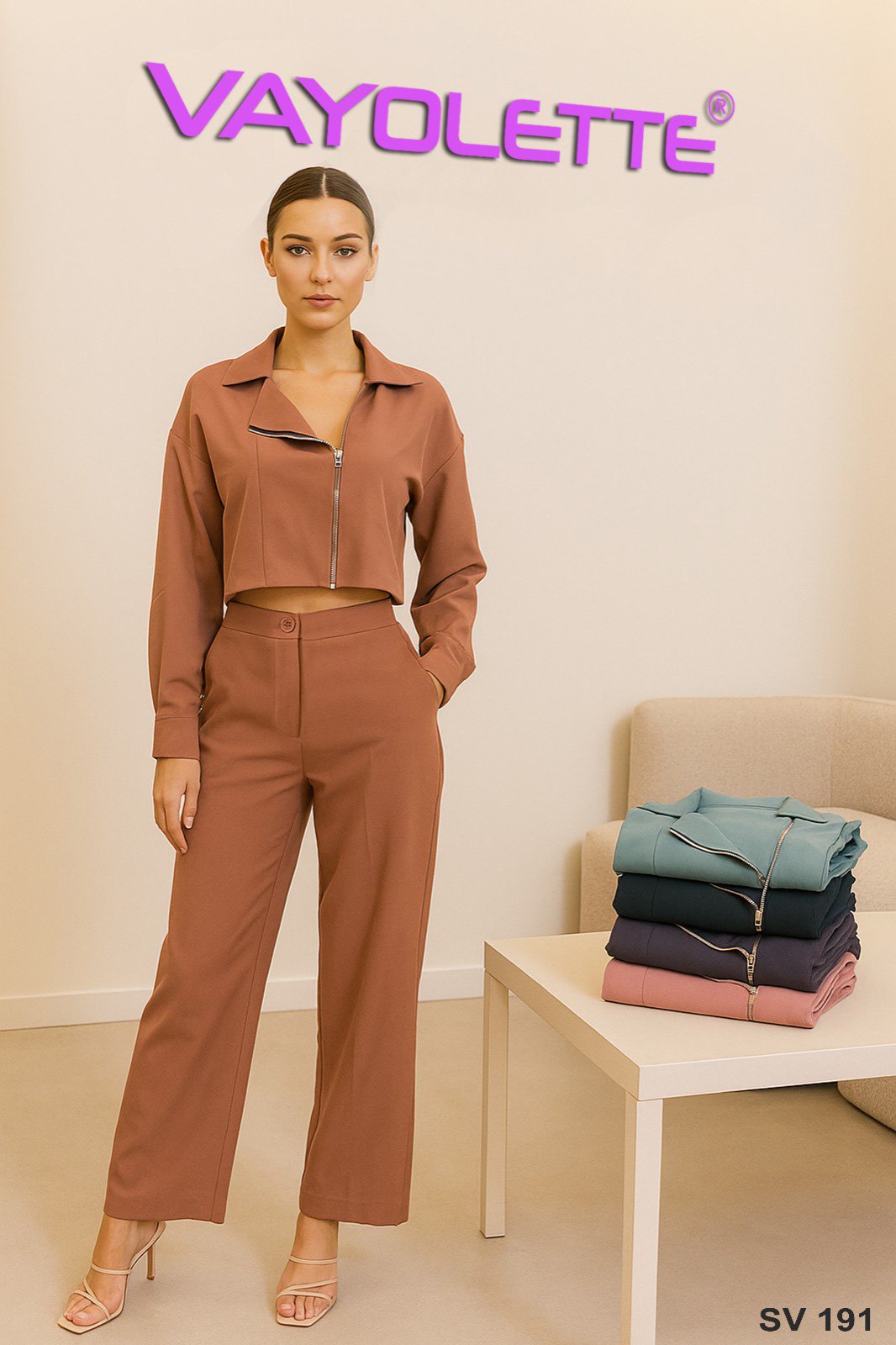 SV-191 Women’s Co-Ord Set – Rust Colour Crop Top and Pants, Trendy SV-191 Zipper Crop Top with High-Waist Pants – Green Colour, Wholesale SV-191 Stylish Women’s Co-Ord Set – Navy Blue Outfit, SV-191 Two-Piece Outfit for Women – Purple Colour Co-Ord Set, Fashionable SV-191 Women’s Co-Ord Set – Pink Crop Top and Pants, Vayolette Fashion SV-191 Wholesale Women’s Clothing Collection, SV-191 Premium Women’s Casual Wear Co-Ord Set – 5 Colours Available