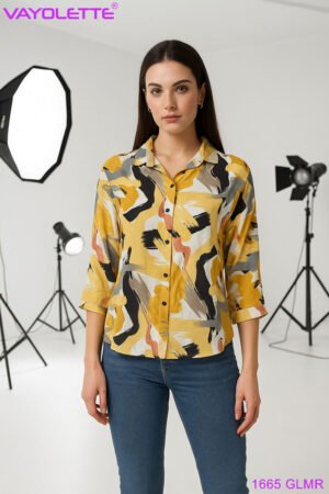 VAYOLETTE 1665 GLMR Women’s Printed Shirt, Women’s Abstract Print Shirt Wholesale Near Me, Ladies Casual Printed Shirt Manufacturer India, 3/4 Sleeve Collared Shirt for Women, Stylish Printed Top for Women in 4 Colours, Wholesale Women’s Fashion Shirts Supplier Near Me, VAYOLETTE Women’s Western Wear Wholesale, Women’s Casual Wear Shirt Manufacturer Near Me