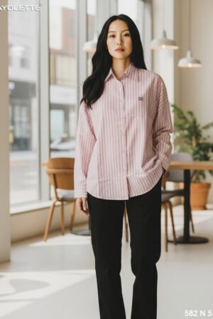 women striped formal shirt wholesale, ladies office wear striped shirt, women cotton formal shirt manufacturer, full sleeve women striped shirt, women workwear shirt bulk supplier, women formal shirt front view