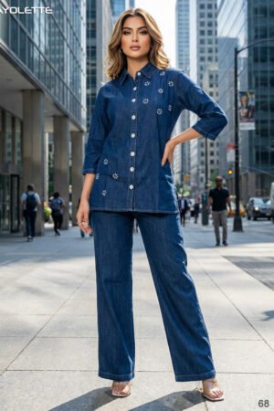 women denim co-ord set, denim co-ord set with stone work, stone work denim shirt set, women denim shirt and pant set, wholesale denim co-ord set india