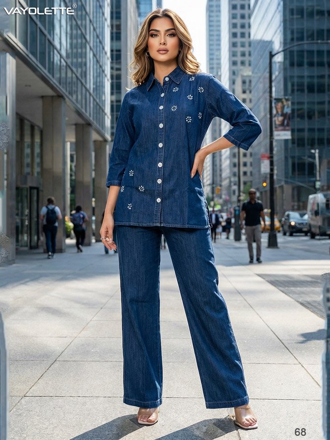 women denim co-ord set, denim co-ord set with stone work, stone work denim shirt set, women denim shirt and pant set, wholesale denim co-ord set india