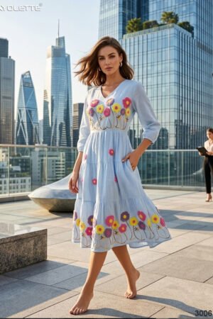 women floral embroidered midi dress, ladies summer cotton midi dress, floral embroidery dress for women, boutique style midi dress for women, women casual summer midi dress, floral cotton dress wholesale