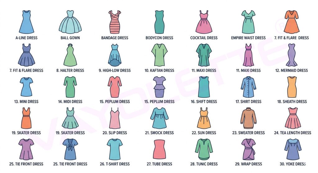 30 types of women's dresses style guide featuring casual, maxi, wrap, midi, and party dresses