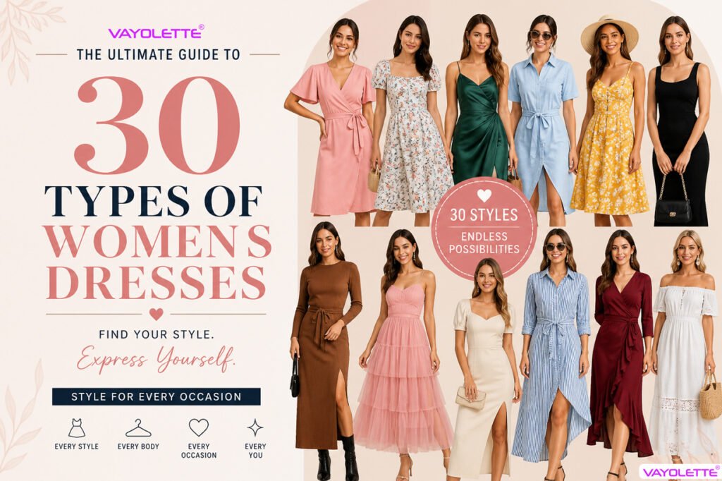 30 types of women's dresses style guide featuring casual, maxi, wrap, midi, and party dresses
