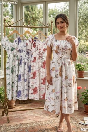 Women's Midi Dress, Floral Printed Dress, Women's Casual Dress, Summer Dress Women, Puff Sleeve Dress, Western Wear Dress, Women's Vacation Dress, Ladies Fashion Dress, Women's Resort Wear, Boutique Dress Collection, Women's Apparel Wholesale, Dress Manufacturer, Women's Clothing, Supplier, Bulk Women's Dresses, Printed Midi Dress
